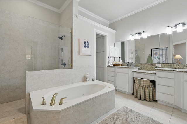 3833 Montecito Dr, Denton, TX 76205 - full bath featuring a jetted tub, walk in shower, ornamental molding, vanity, and tile patterned floors