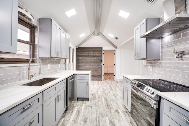 1705 Danube Ln, Plano, TX 75075 - kitchen featuring appliances with stainless steel finishes, wall chimney exhaust hood, a sink, and tasteful backsplash