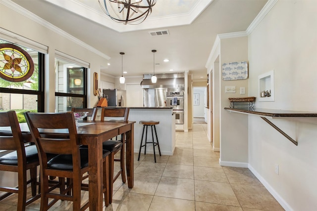 3330 Creekbend Dr, Garland, TX 75044 - dining area with a chandelier, light tile patterned flooring, crown molding, baseboards, and recessed lighting