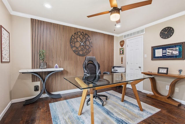 3330 Creekbend Dr, Garland, TX 75044 - office area featuring wood-type flooring, baseboards, crown molding, ceiling fan, and recessed lighting