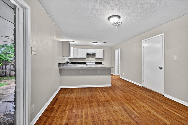1306 Blanton Pl, Sherman, TX 75092 - kitchen featuring wood finished floors, white cabinets, a peninsula, a textured ceiling, and under cabinet range hood