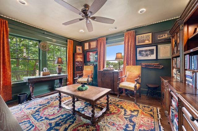2307 5th Ave, Fort Worth, TX 76110 - home office featuring a ceiling fan, wood finished floors, baseboards, and recessed lighting