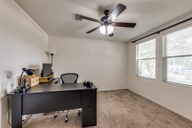 5504 Cedar Mountain Dr, Mckinney, TX 75071 - carpeted office featuring ceiling fan, a textured ceiling, crown molding, and baseboards