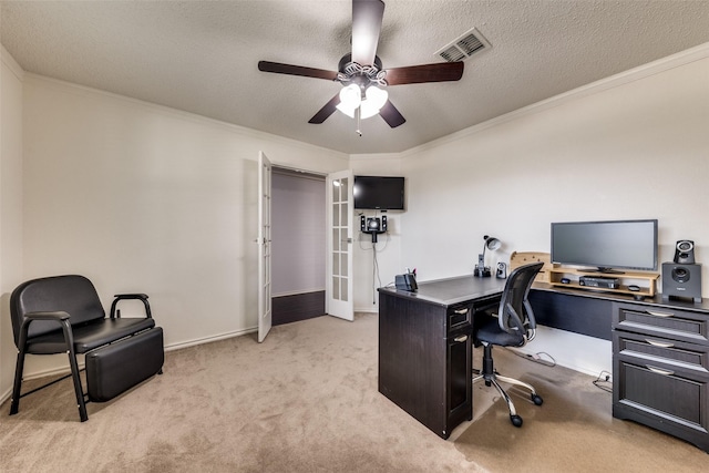 5504 Cedar Mountain Dr, Mckinney, TX 75071 - office space featuring ornamental molding, a ceiling fan, light colored carpet, a textured ceiling, and baseboards