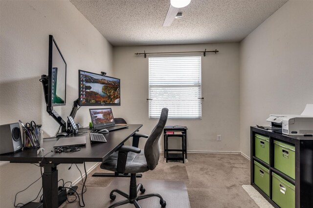 5504 Cedar Mountain Dr, Mckinney, TX 75071 - office with a textured ceiling, light carpet, ceiling fan, and baseboards