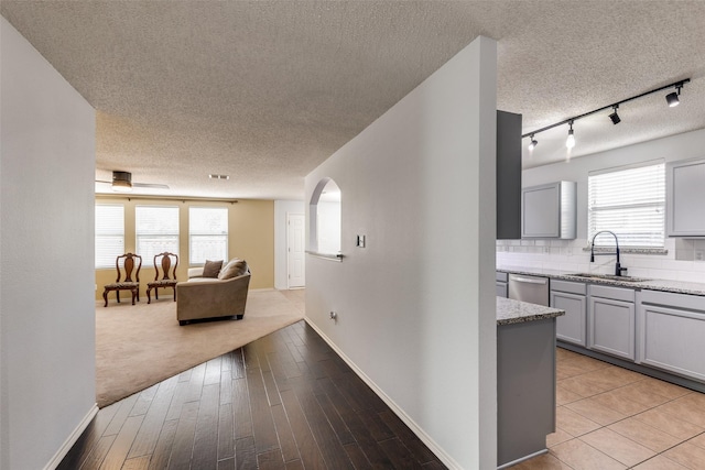 5504 Cedar Mountain Dr, Mckinney, TX 75071 - corridor featuring a sink, a textured ceiling, arched walkways, rail lighting, and healthy amount of natural light