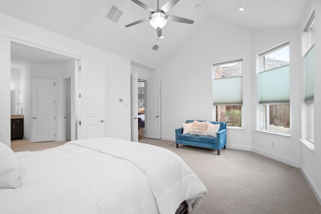 2021 Lake Vista Ct, Southlake, TX 76092 - bedroom featuring baseboards, light colored carpet, lofted ceiling, ceiling fan, and recessed lighting