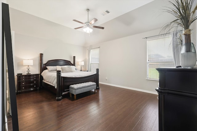 12428 Leaflet Dr, Fort Worth, TX 76244 - bedroom featuring dark wood-style floors, baseboards, lofted ceiling, and ceiling fan
