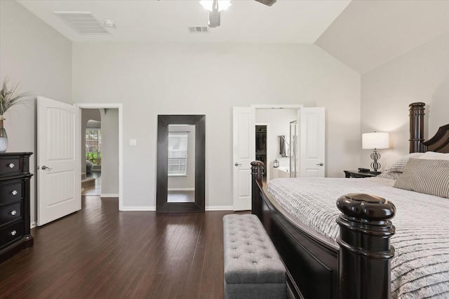 12428 Leaflet Dr, Fort Worth, TX 76244 - bedroom featuring dark wood-type flooring, high vaulted ceiling, baseboards, and ceiling fan