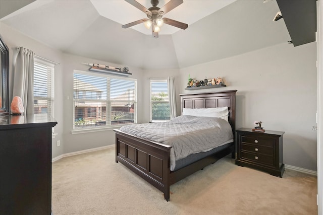 12428 Leaflet Dr, Fort Worth, TX 76244 - bedroom with light carpet, baseboards, lofted ceiling, and ceiling fan