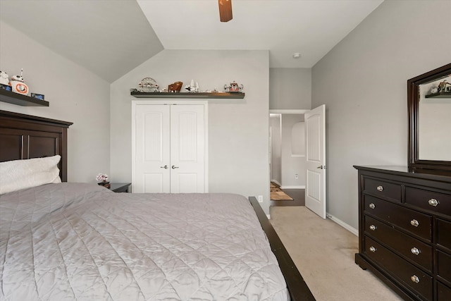 12428 Leaflet Dr, Fort Worth, TX 76244 - bedroom featuring light carpet, lofted ceiling, a closet, a ceiling fan, and baseboards