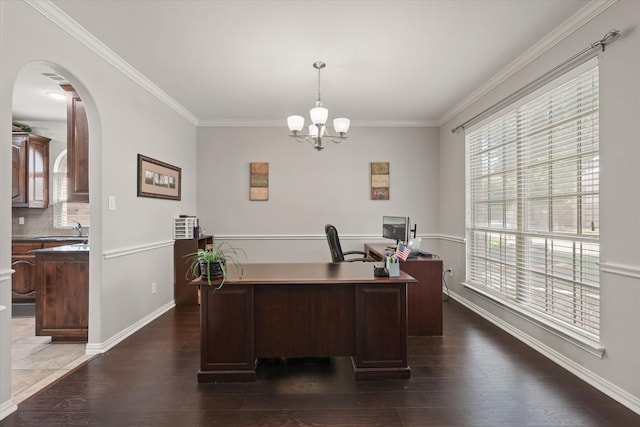 12428 Leaflet Dr, Fort Worth, TX 76244 - office space featuring arched walkways, dark wood-type flooring, a chandelier, ornamental molding, and baseboards