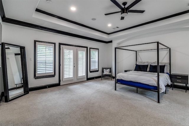 4518 Gilbert Ave, Dallas, TX 75219 - carpeted bedroom featuring ornamental molding, access to exterior, baseboards, a tray ceiling, and a ceiling fan