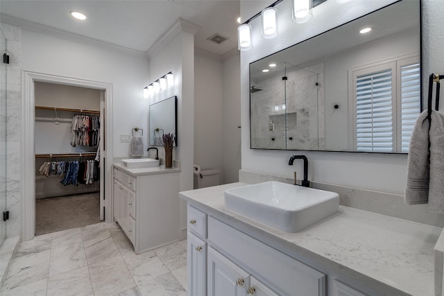 4518 Gilbert Ave, Dallas, TX 75219 - bathroom with a stall shower, crown molding, two vanities, marble look tiles, and a spacious closet