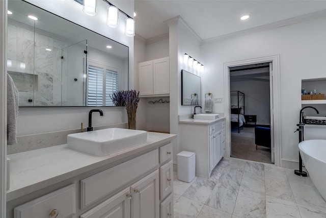 4518 Gilbert Ave, Dallas, TX 75219 - full bath featuring a stall shower, vanity, ornamental molding, a freestanding tub, and connected bathroom