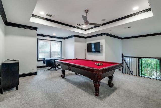 4518 Gilbert Ave, Dallas, TX 75219 - playroom featuring crown molding, a raised ceiling, carpet floors, ceiling fan, and pool table