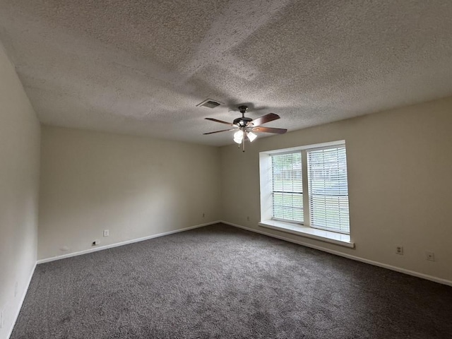 413 Creekwood Ln, Lewisville, TX 75067 - unfurnished room featuring ceiling fan, dark colored carpet, a textured ceiling, and baseboards