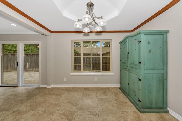 1113 Yorkshire Dr, Carrollton, TX 75007 - unfurnished dining area with a chandelier, baseboards, and crown molding