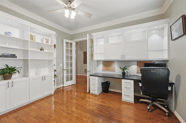 1403 Chelsea Cir, Southlake, TX 76092 - office area featuring ceiling fan, light wood-style floors, ornamental molding, baseboards, and french doors
