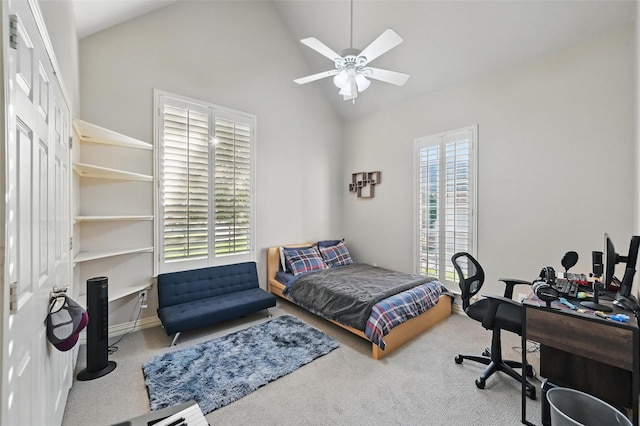1403 Chelsea Cir, Southlake, TX 76092 - carpeted bedroom featuring high vaulted ceiling, ceiling fan, baseboards, and an office area