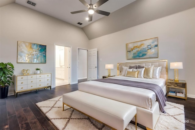14548 Blakehill Dr, Frisco, TX 75035 - bedroom with wood-type flooring, baseboards, ensuite bathroom, high vaulted ceiling, and ceiling fan