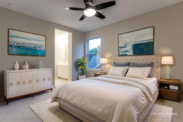 14548 Blakehill Dr, Frisco, TX 75035 - bedroom featuring light colored carpet, connected bathroom, and a ceiling fan