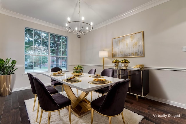 14548 Blakehill Dr, Frisco, TX 75035 - dining room with ornamental molding, a chandelier, hardwood / wood-style flooring, and baseboards