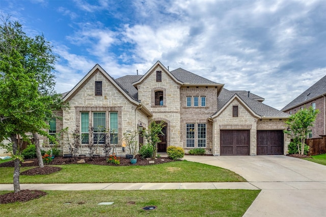 5014 Toledo Bend Dr, Frisco, TX 75033 - french country style house with stone siding, driveway, a front yard, a shingled roof, and a garage