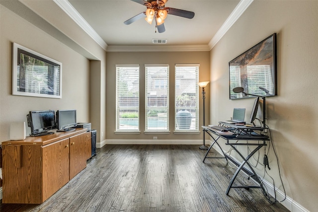 5014 Toledo Bend Dr, Frisco, TX 75033 - office space featuring wood finished floors, a ceiling fan, and crown molding