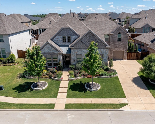2624 Seabiscuit Rd, Celina, TX 75009 - french country style house featuring a residential view, driveway, brick siding, roof with shingles, and a garage