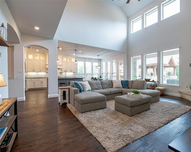 2624 Seabiscuit Rd, Celina, TX 75009 - living room featuring dark wood-style flooring, healthy amount of natural light, baseboards, arched walkways, and high vaulted ceiling