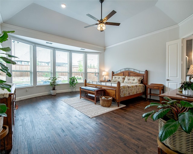 2624 Seabiscuit Rd, Celina, TX 75009 - bedroom with multiple windows, wood finished floors, crown molding, baseboards, and high vaulted ceiling
