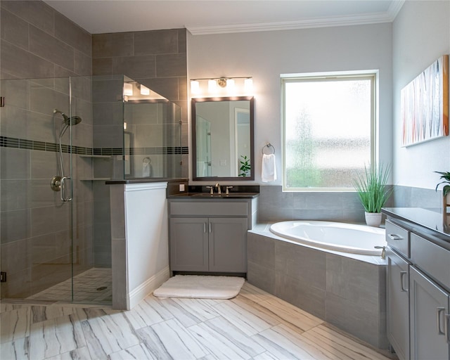 2624 Seabiscuit Rd, Celina, TX 75009 - full bath with vanity, a garden tub, a shower stall, and ornamental molding