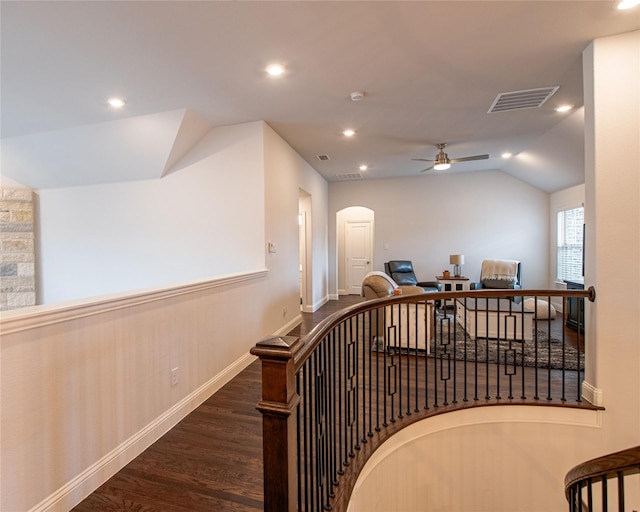 2624 Seabiscuit Rd, Celina, TX 75009 - stairway featuring ceiling fan, wood finished floors, recessed lighting, baseboards, and vaulted ceiling