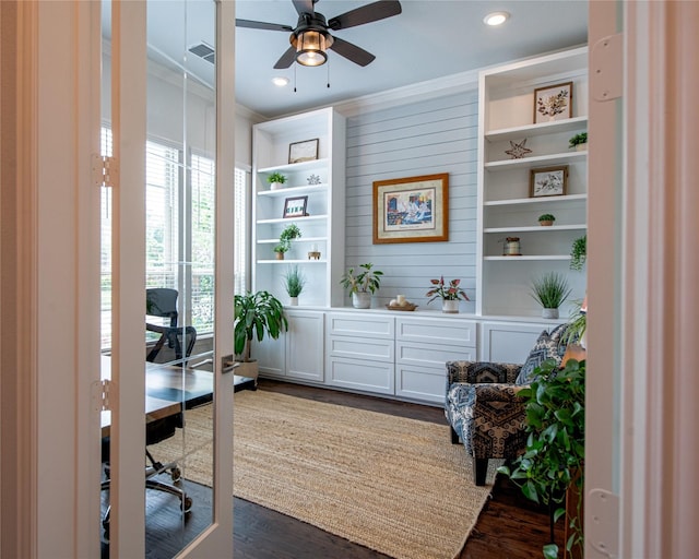2624 Seabiscuit Rd, Celina, TX 75009 - office space with ornamental molding, dark wood-style flooring, a ceiling fan, and recessed lighting