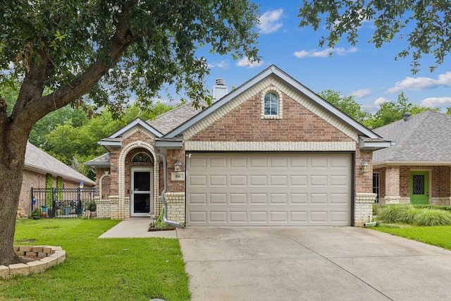 816 Claycourt Cir, Fort Worth, TX 76120 - view of front of house with brick siding, an attached garage, driveway, and a chimney