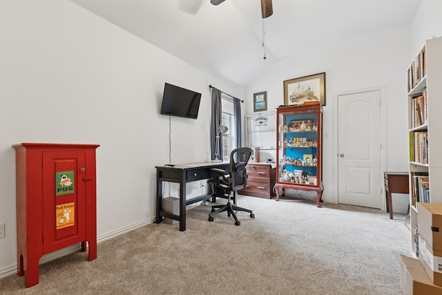 816 Claycourt Cir, Fort Worth, TX 76120 - carpeted office featuring vaulted ceiling, a ceiling fan, and baseboards