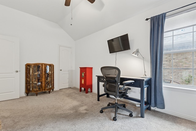816 Claycourt Cir, Fort Worth, TX 76120 - carpeted home office with healthy amount of natural light, vaulted ceiling, ceiling fan, and baseboards