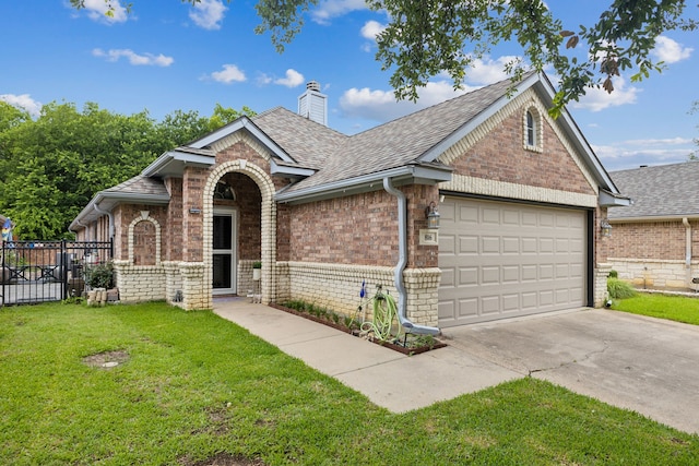 816 Claycourt Cir, Fort Worth, TX 76120 - view of front of house featuring brick siding, a shingled roof, an attached garage, and a chimney