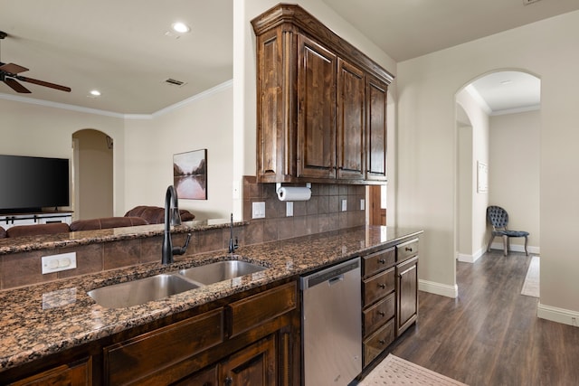 14208 Lucille Dr, Newark, TX 76071 - kitchen featuring dishwasher, a sink, dark stone countertops, a ceiling fan, and dark wood-style floors