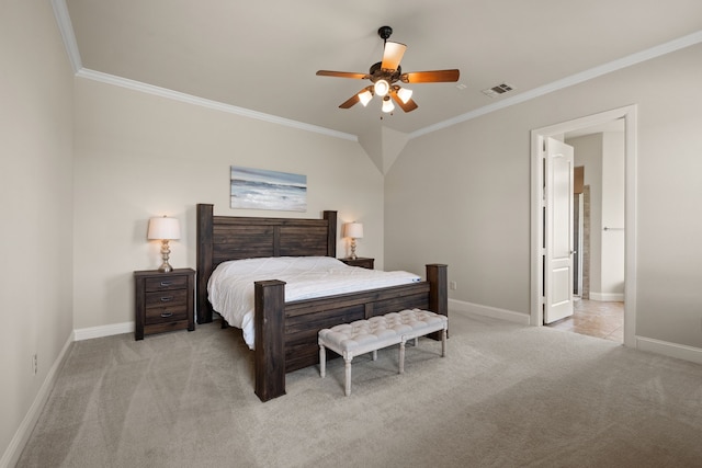 14208 Lucille Dr, Newark, TX 76071 - bedroom with light colored carpet, ornamental molding, baseboards, ceiling fan, and connected bathroom
