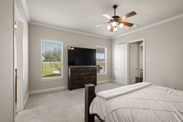 14208 Lucille Dr, Newark, TX 76071 - bedroom featuring light colored carpet, baseboards, crown molding, and ceiling fan