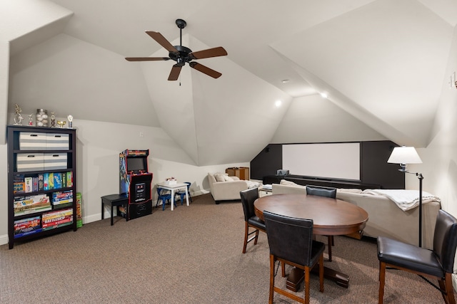 14208 Lucille Dr, Newark, TX 76071 - carpeted office featuring vaulted ceiling, ceiling fan, and baseboards