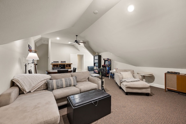 14208 Lucille Dr, Newark, TX 76071 - carpeted living area featuring vaulted ceiling, ceiling fan, baseboards, and recessed lighting