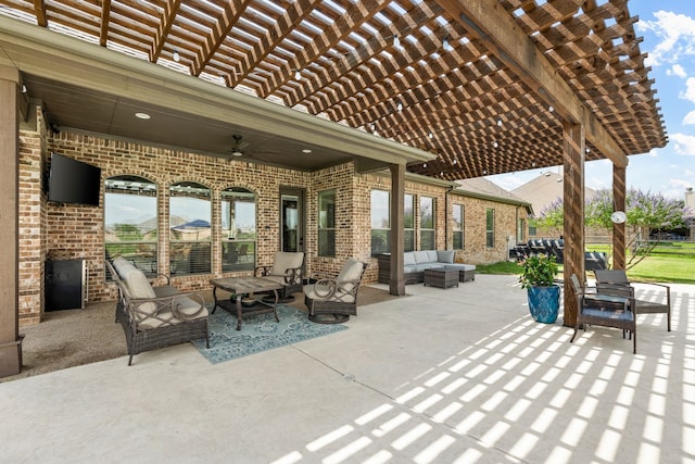 14208 Lucille Dr, Newark, TX 76071 - view of patio / terrace with an outdoor living space, a pergola, and a ceiling fan