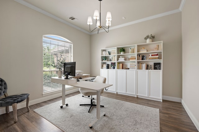 14208 Lucille Dr, Newark, TX 76071 - office area featuring a chandelier, dark wood-style floors, crown molding, and baseboards