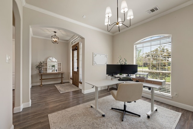 14208 Lucille Dr, Newark, TX 76071 - office area featuring arched walkways, a chandelier, dark wood-style floors, crown molding, and baseboards