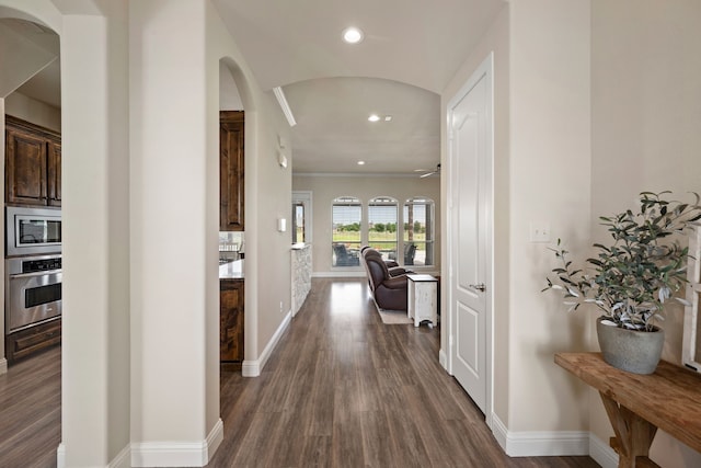 14208 Lucille Dr, Newark, TX 76071 - hallway with arched walkways, dark wood finished floors, recessed lighting, and baseboards