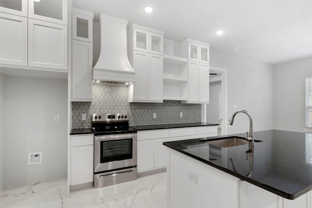 2217 S Peachtree Ct, Denison, TX 75020 - kitchen with stainless steel electric range oven, custom range hood, a sink, open shelves, and light marble finish flooring