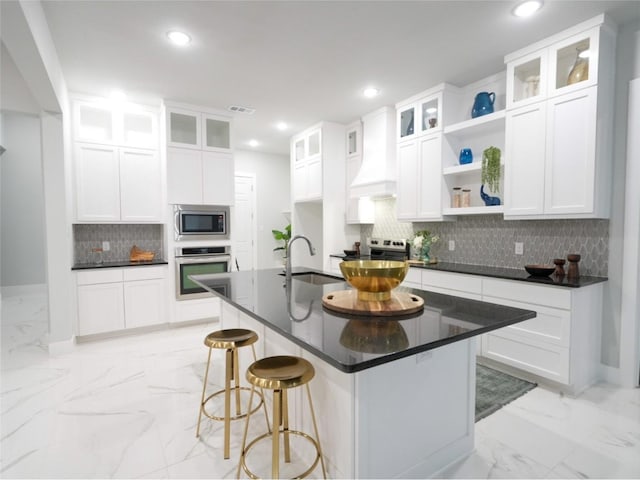 2217 S Peachtree Ct, Denison, TX 75020 - kitchen with stainless steel appliances, a sink, light marble finish flooring, open shelves, and recessed lighting